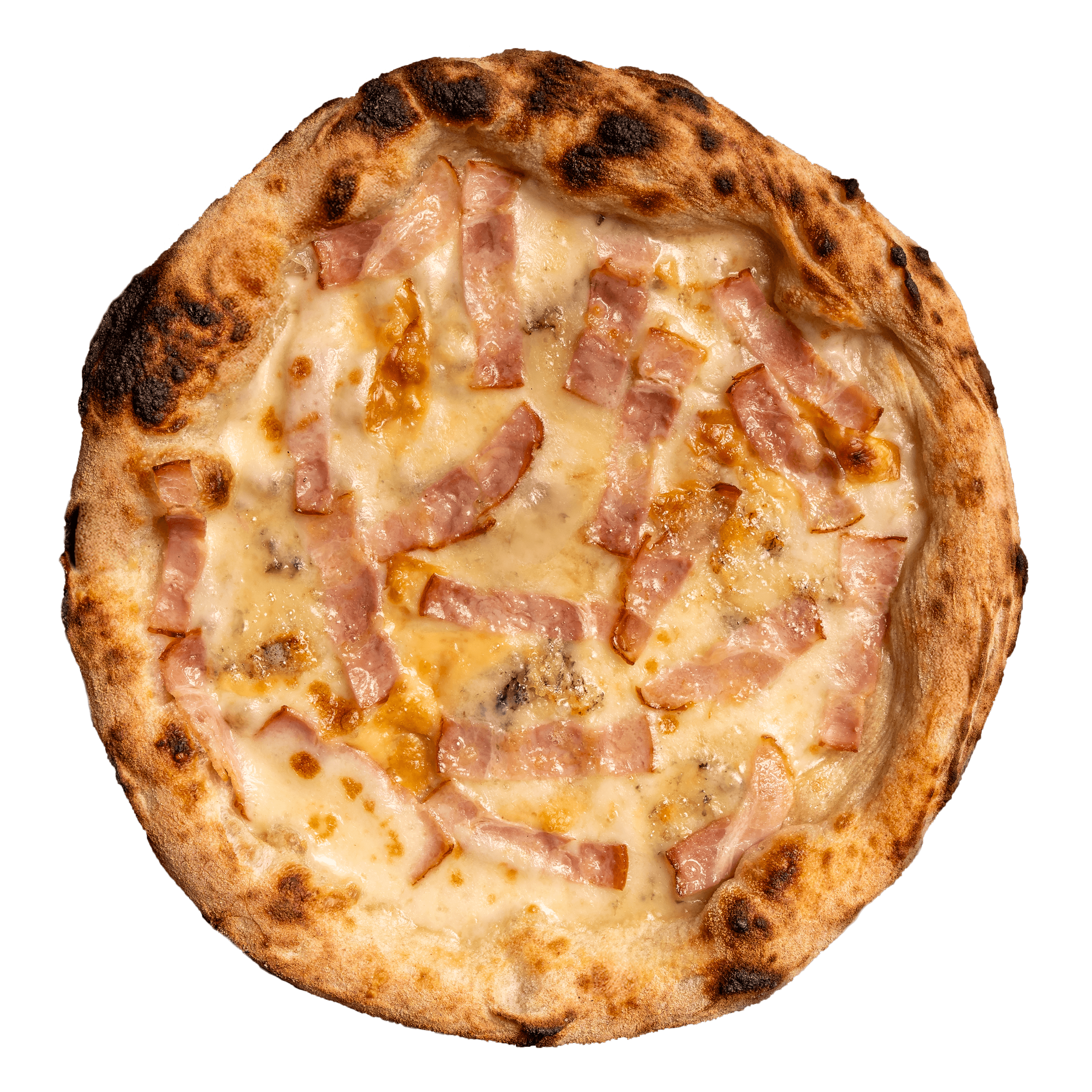 Pizza Speck & Käse — Würziger Blue Cheese und zarter Mozzarella fior di latte, belegt mit feinstem Edelspeck und Olivenöl Extra Vergine.
