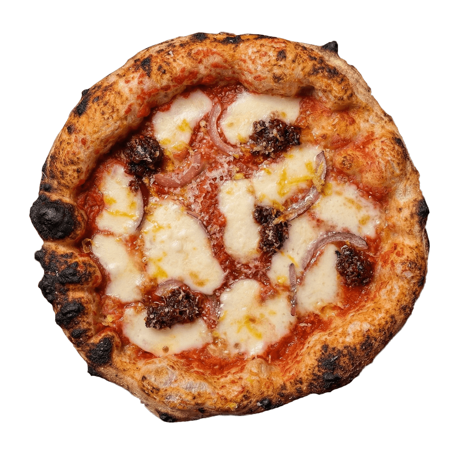Pizza Nduja Calabrese — San Marzano Tomatensauce, würzige Streichsalami mit leichter Schärfe, Mozzarella fior di latte, Zwiebel und frisch geriebene Zitrone.