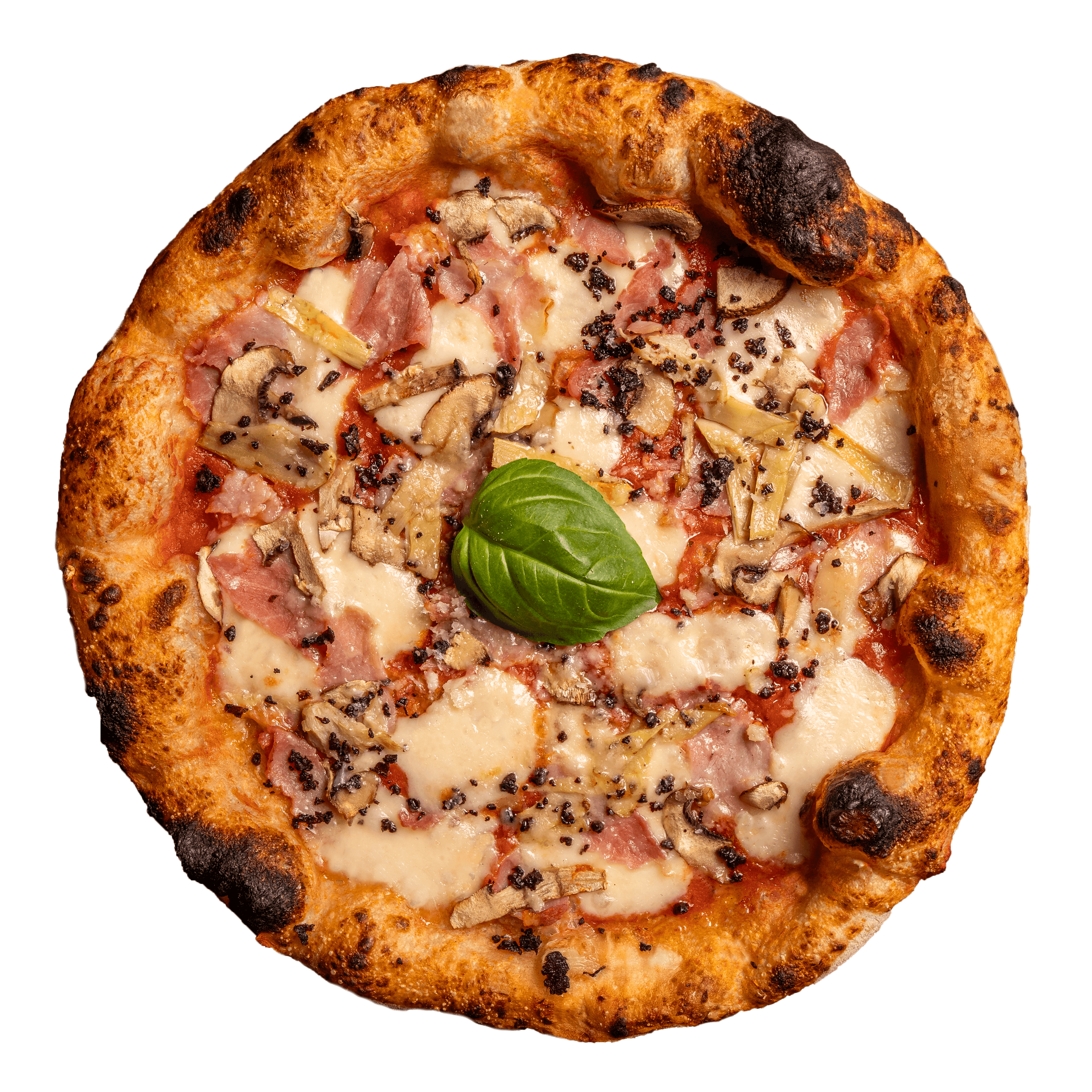 Pizza Capricciosa — San Marzano Tomatensauce, Mozzarella fior di latte, Premium-Schinken und frische Champignons, abgerundet mit Olivenöl Extra Vergine.