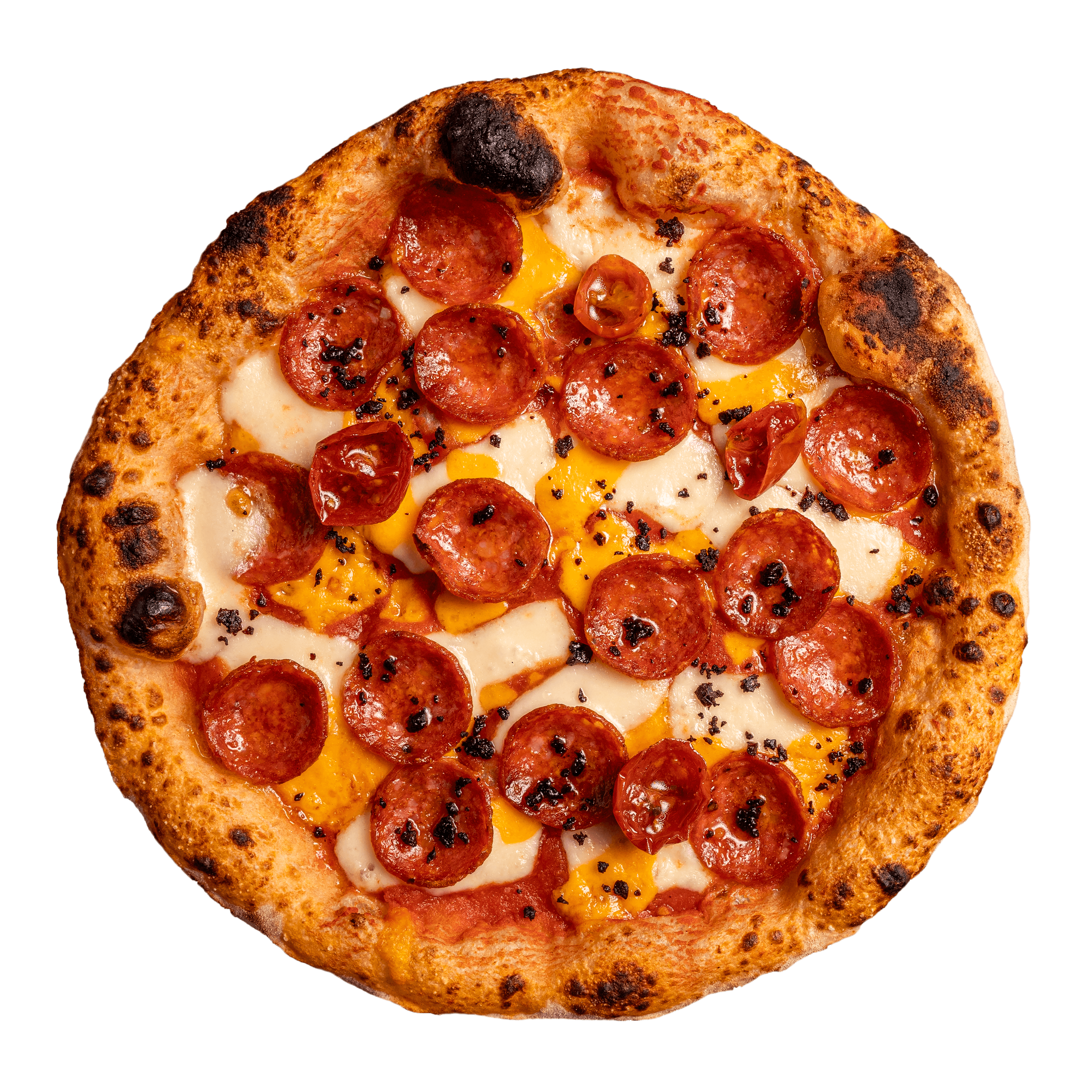 Pizza Piccante — San Marzano Tomatensauce, Salami, Peperoni, Mozzarella fior di latte, würziger Cheddar und Olivenöl Extra Vergine.